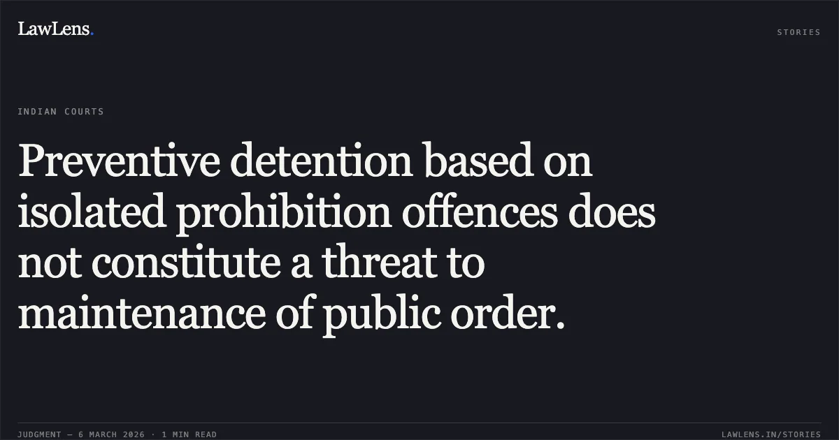 Preventive detention based on isolated prohibition offences does not constitute a threat to maintenance of public order.. Chiragbhai Narnaji Rajput v. State of Gujarat & Ors. [R/Special Criminal Application No. 1079 of 2026]. Gujarat High Court. LawLens
