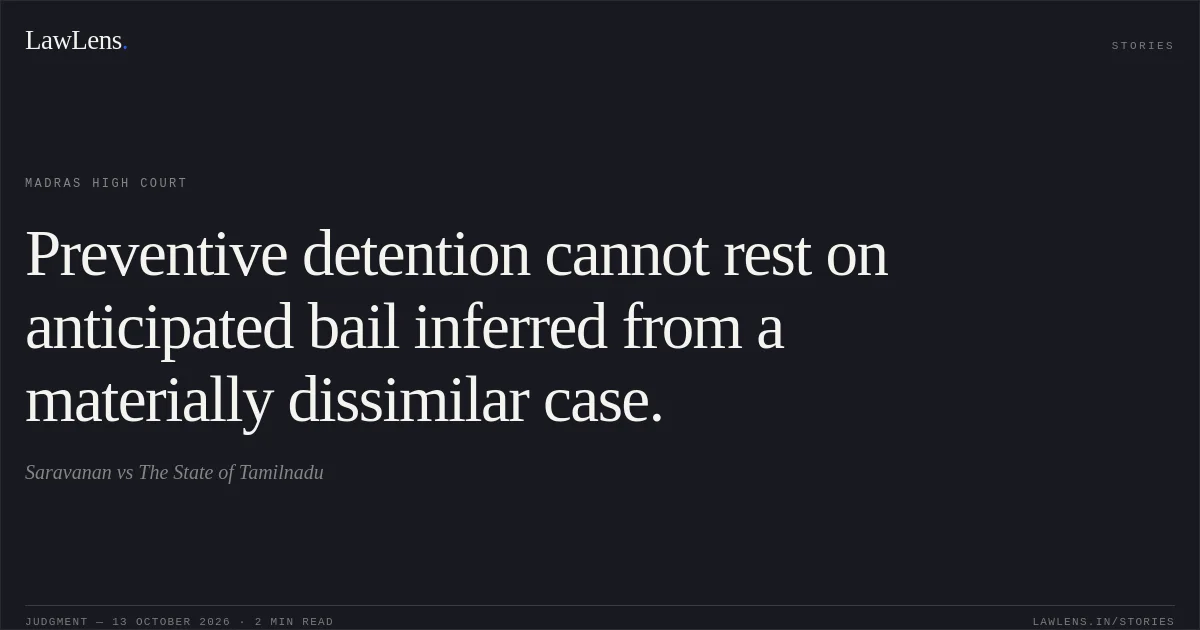 Preventive detention cannot rest on anticipated bail inferred from a materially dissimilar case.. Saravanan vs The State of Tamilnadu. Madras High Court. LawLens