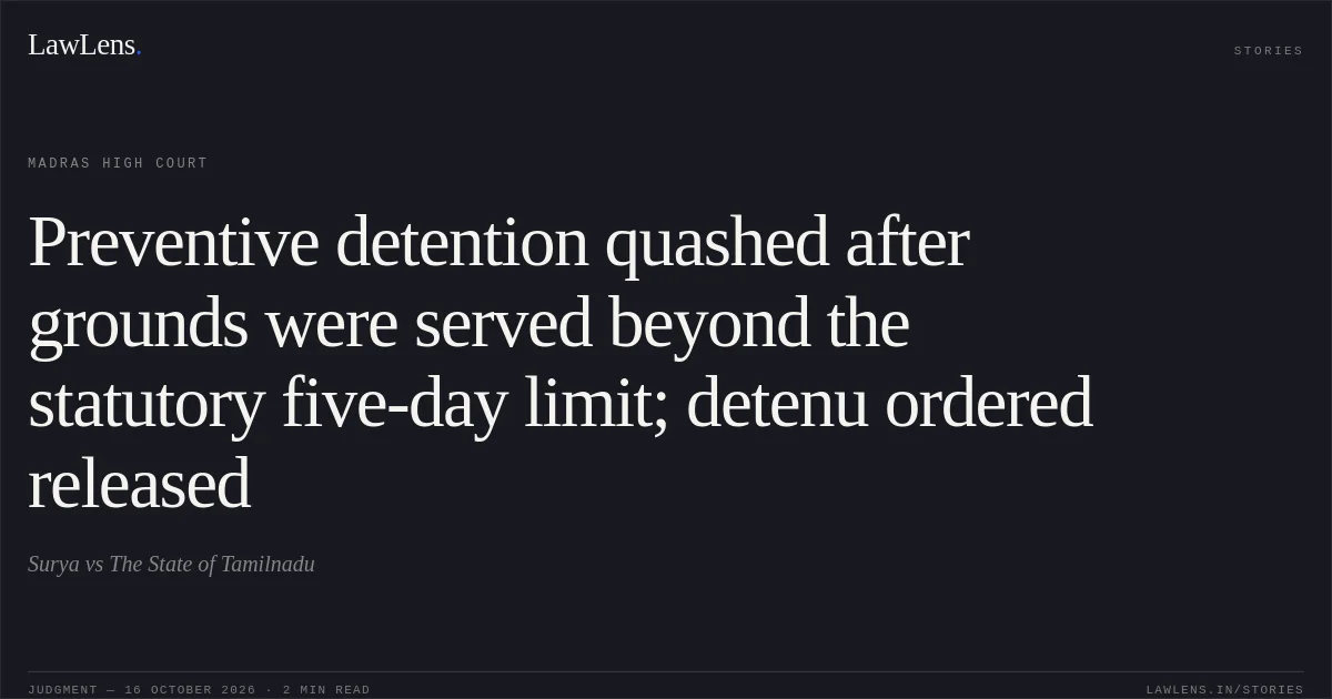 Preventive detention quashed after grounds were served beyond the statutory five-day limit; detenu ordered released. Surya vs The State of Tamilnadu. Madras High Court. LawLens