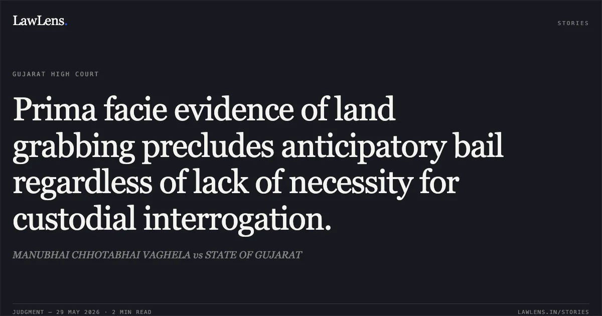 Prima facie evidence of land grabbing precludes anticipatory bail regardless of lack of necessity for custodial interrogation.. MANUBHAI CHHOTABHAI VAGHELA vs STATE OF GUJARAT. Gujarat High Court. LawLens