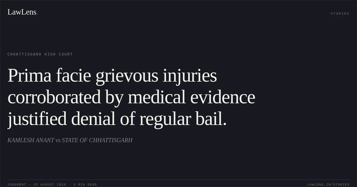 Prima facie grievous injuries corroborated by medical evidence justified denial of regular bail.. KAMLESH ANANT vs STATE OF CHHATTISGARH. Chhattisgarh High Court. LawLens