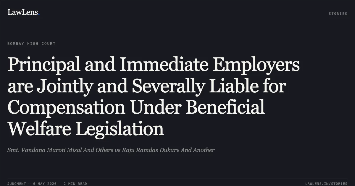Principal and Immediate Employers are Jointly and Severally Liable for Compensation Under Beneficial Welfare Legislation. Smt. Vandana Maroti Misal And Others vs Raju Ramdas Dukare And Another. Bombay High Court. LawLens