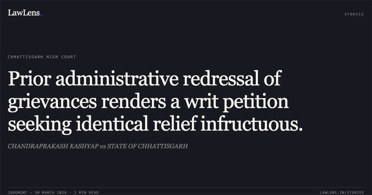 Prior administrative redressal of grievances renders a writ petition seeking identical relief infructuous.. CHANDRAPRAKASH KASHYAP vs STATE OF CHHATTISGARH. Chhattisgarh High Court. LawLens