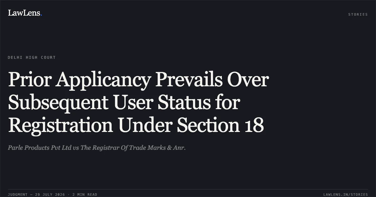 Prior Applicancy Prevails Over Subsequent User Status for Registration Under Section 18. Parle Products Pvt Ltd vs The Registrar Of Trade Marks & Anr.. Delhi High Court. LawLens