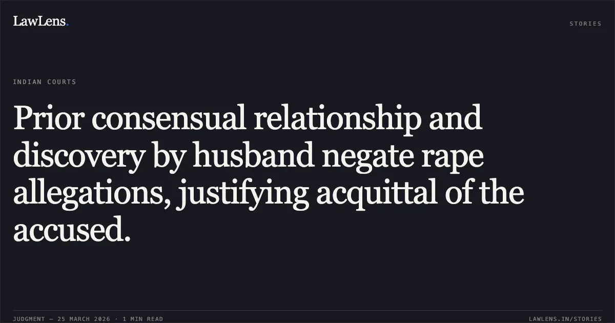 Prior consensual relationship and discovery by husband negate rape allegations, justifying acquittal of the accused.. DEVADHAR LAL @ DEVA vs STATE OF CHHATTISGARH. Chhattisgarh High Court. LawLens