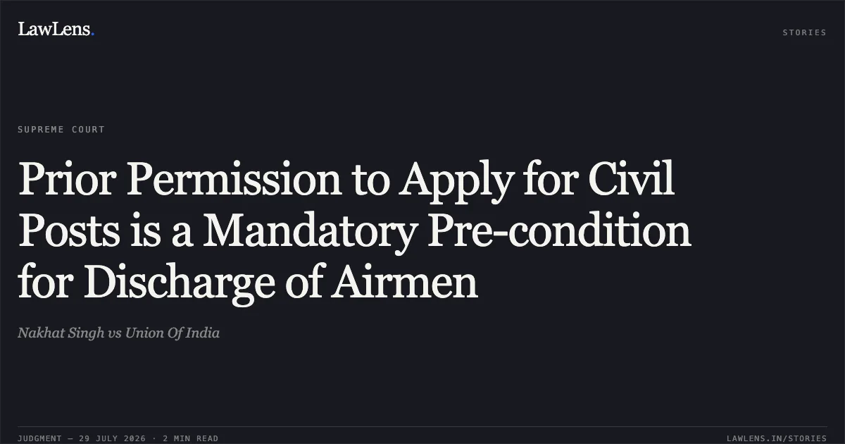 Prior Permission to Apply for Civil Posts is a Mandatory Pre-condition for Discharge of Airmen. Nakhat Singh vs Union Of India. Supreme Court. LawLens