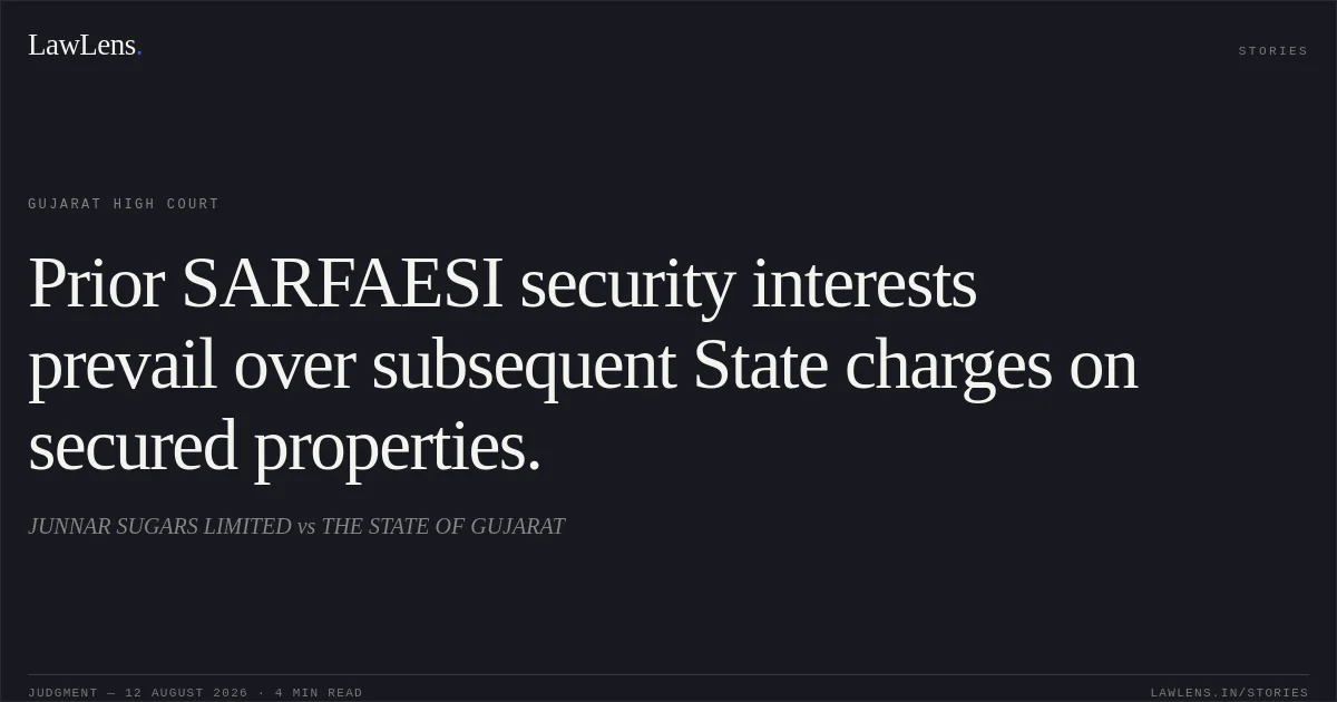 Prior SARFAESI security interests prevail over subsequent State charges on secured properties.. JUNNAR SUGARS LIMITED vs THE STATE OF GUJARAT. Gujarat High Court. LawLens