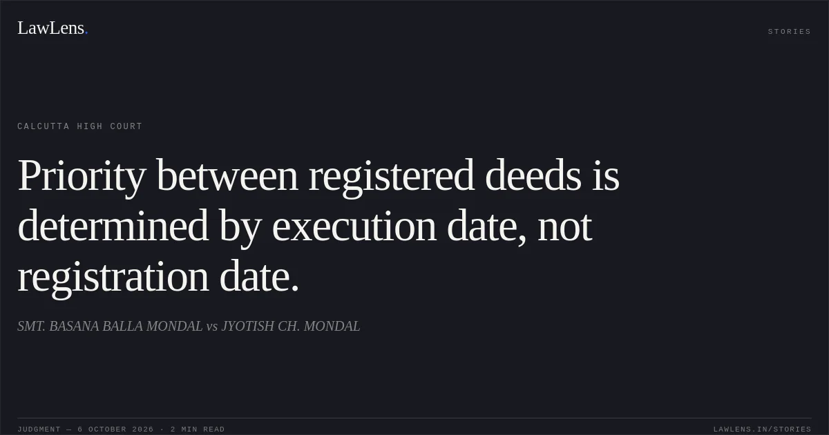 Priority between registered deeds is determined by execution date, not registration date.. SMT. BASANA BALLA MONDAL vs JYOTISH CH. MONDAL. Calcutta High Court. LawLens