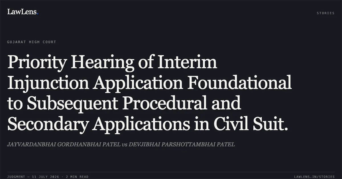 Priority Hearing of Interim Injunction Application Foundational to Subsequent Procedural and Secondary Applications in Civil Suit.. JAYVARDANBHAI GORDHANBHAI PATEL vs DEVJIBHAI PARSHOTTAMBHAI PATEL. Gujarat High Court. LawLens