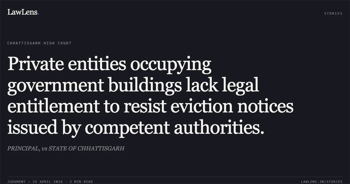 Private entities occupying government buildings lack legal entitlement to resist eviction notices issued by competent authorities.. PRINCIPAL, vs STATE OF CHHATTISGARH. Chhattisgarh High Court. LawLens