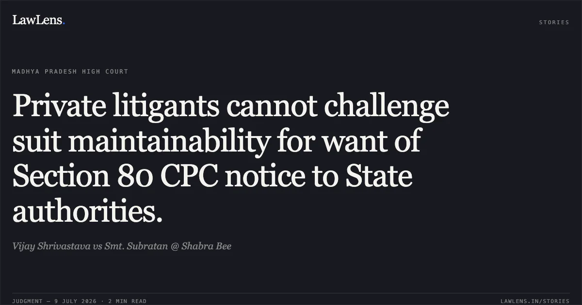 Private litigants cannot challenge suit maintainability for want of Section 80 CPC notice to State authorities.. Vijay Shrivastava vs Smt. Subratan @ Shabra Bee. Madhya Pradesh High Court. LawLens