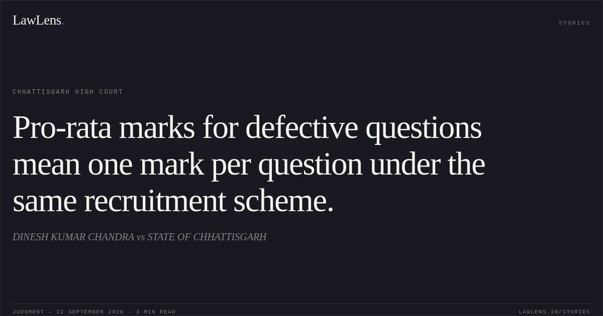 Pro-rata marks for defective questions mean one mark per question under the same recruitment scheme.. DINESH KUMAR CHANDRA vs STATE OF CHHATTISGARH. Chhattisgarh High Court. LawLens