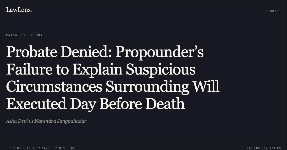 Probate Denied: Propounder’s Failure to Explain Suspicious Circumstances Surrounding Will Executed Day Before Death. Asha Devi vs Narendra Jangbahadur. Patna High Court. LawLens