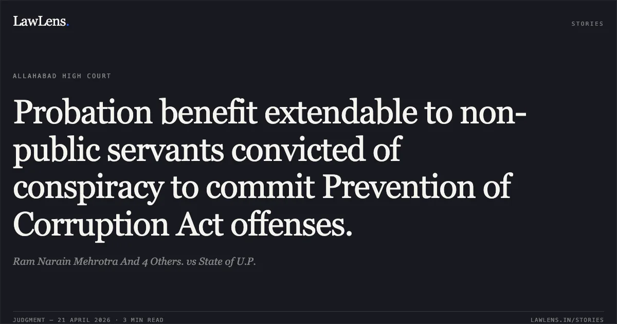 Probation benefit extendable to non-public servants convicted of conspiracy to commit Prevention of Corruption Act offenses.. Ram Narain Mehrotra And 4 Others. vs State of U.P.. Allahabad High Court. LawLens