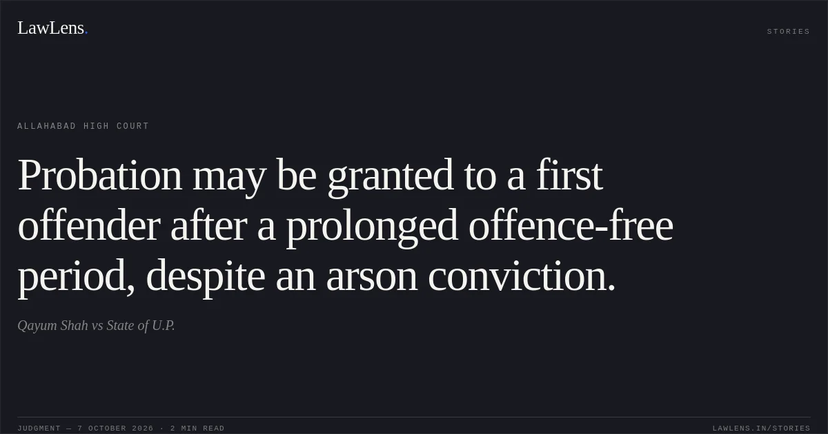 Probation may be granted to a first offender after a prolonged offence-free period, despite an arson conviction.. Qayum Shah vs State of U.P.. Allahabad High Court. LawLens