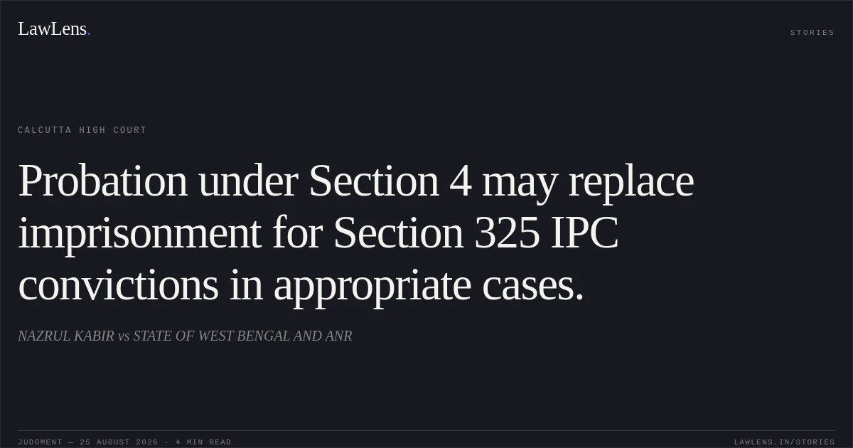 Probation under Section 4 may replace imprisonment for Section 325 IPC convictions in appropriate cases.. NAZRUL KABIR vs STATE OF WEST BENGAL AND ANR. Calcutta High Court. LawLens