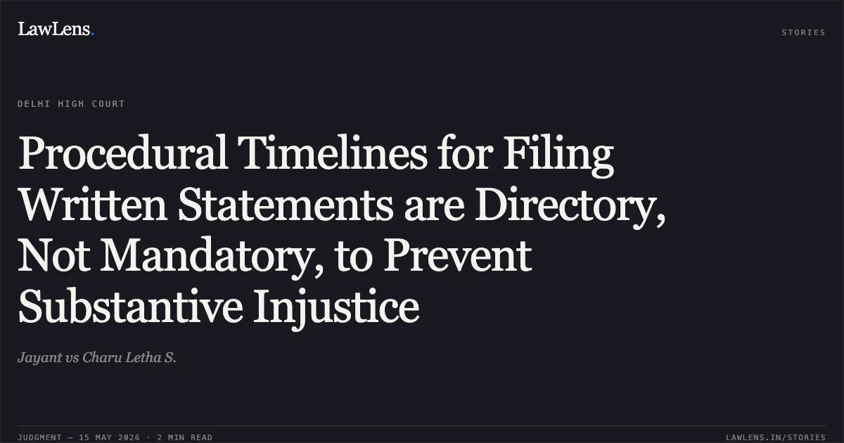 Procedural Timelines for Filing Written Statements are Directory, Not Mandatory, to Prevent Substantive Injustice. Jayant vs Charu Letha S.. Delhi High Court. LawLens