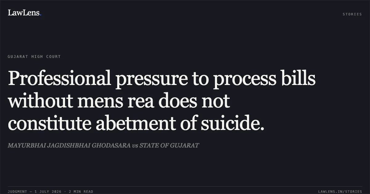 Professional pressure to process bills without mens rea does not constitute abetment of suicide.. MAYURBHAI JAGDISHBHAI GHODASARA vs STATE OF GUJARAT. Gujarat High Court. LawLens