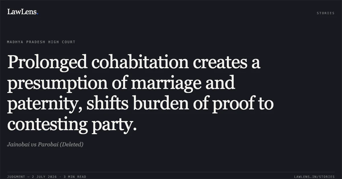 Prolonged cohabitation creates a presumption of marriage and paternity, shifts burden of proof to contesting party.. Jainobai vs Parobai (Deleted). Madhya Pradesh High Court. LawLens