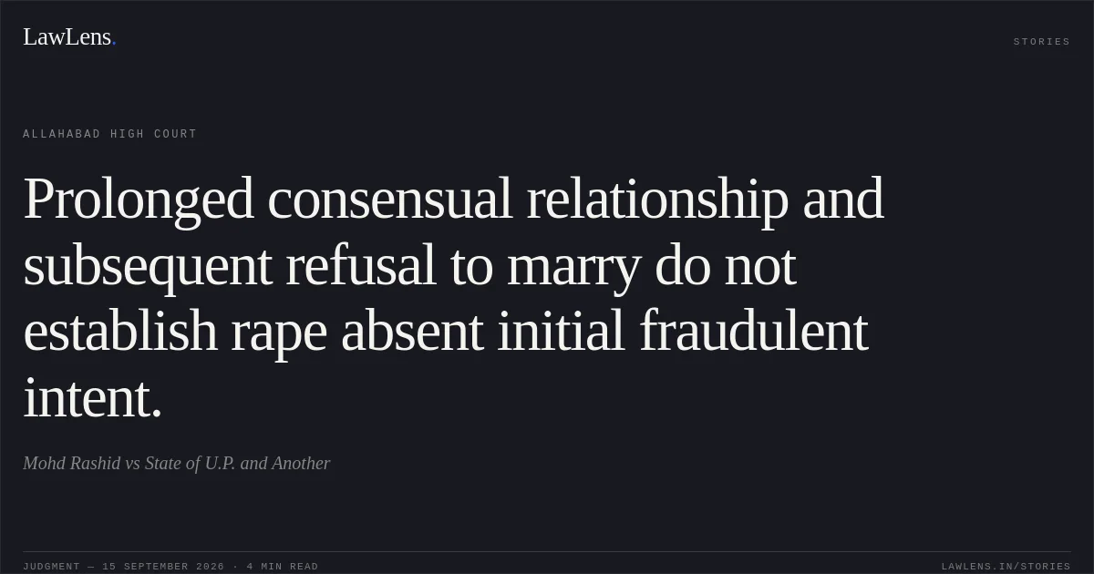 Prolonged consensual relationship and subsequent refusal to marry do not establish rape absent initial fraudulent intent.. Mohd Rashid vs State of U.P. and Another. Allahabad High Court. LawLens