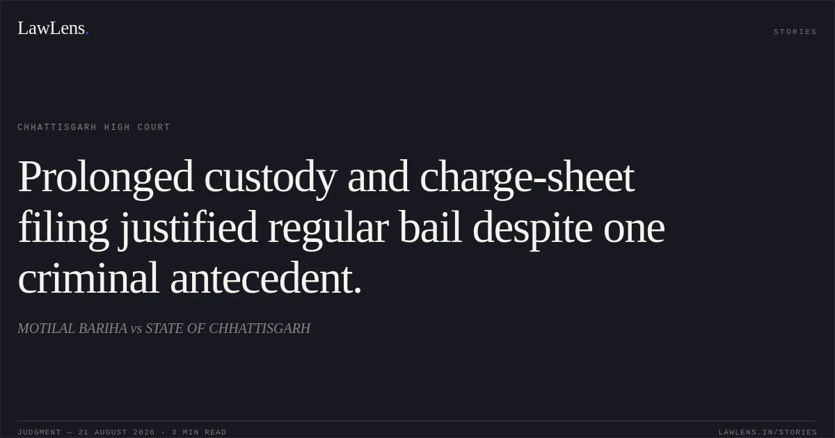 Prolonged custody and charge-sheet filing justified regular bail despite one criminal antecedent.. MOTILAL BARIHA vs STATE OF CHHATTISGARH. Chhattisgarh High Court. LawLens