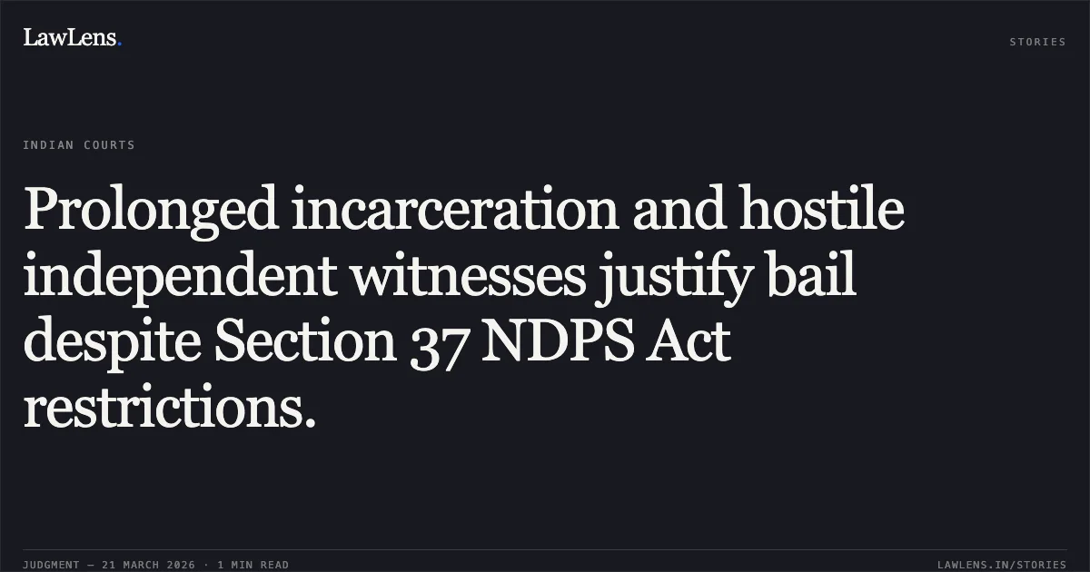 Prolonged incarceration and hostile independent witnesses justify bail despite Section 37 NDPS Act restrictions.. Viru vs The State Of Madhya Pradesh. Madhya Pradesh High Court. LawLens