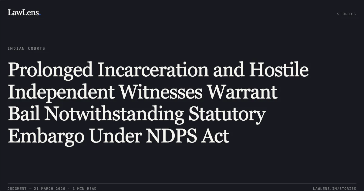 Prolonged Incarceration and Hostile Independent Witnesses Warrant Bail Notwithstanding Statutory Embargo Under NDPS Act. Pradhan Singh vs The State Of Madhya Pradesh. Madhya Pradesh High Court. LawLens
