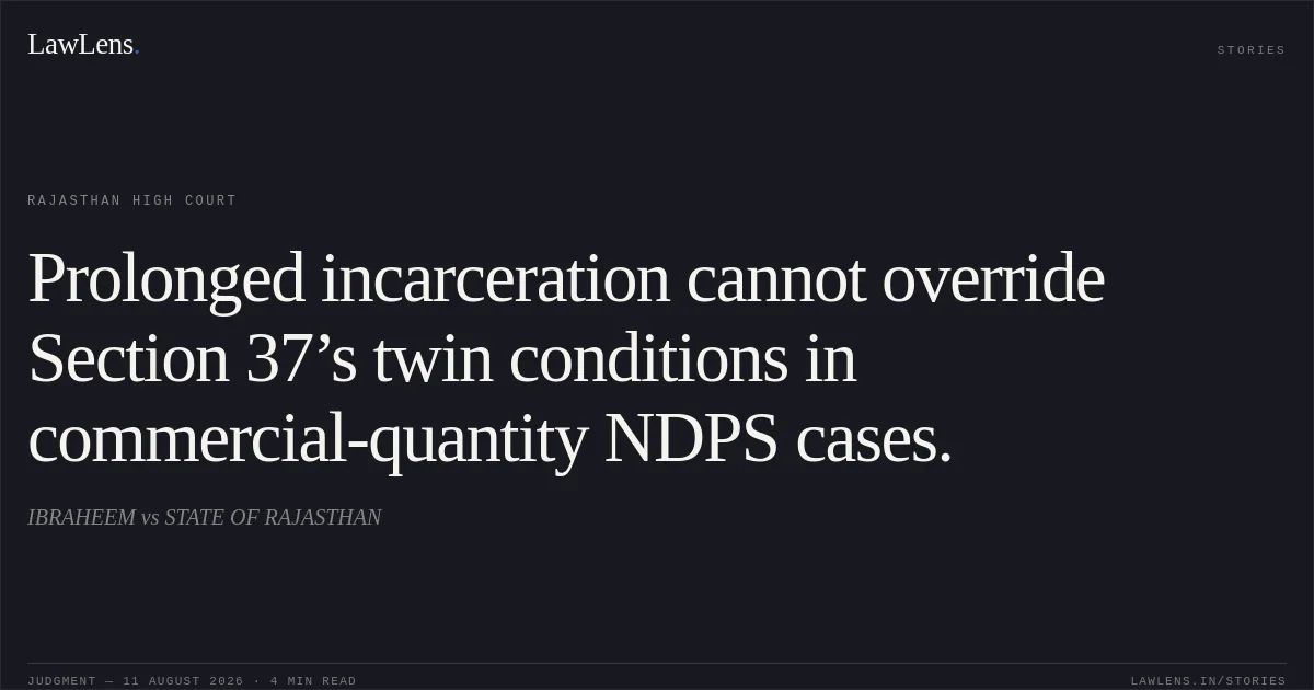 Prolonged incarceration cannot override Section 37’s twin conditions in commercial-quantity NDPS cases.. IBRAHEEM vs STATE OF RAJASTHAN. Rajasthan High Court. LawLens