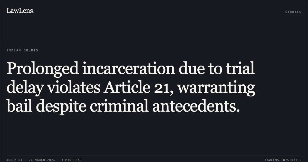 Prolonged incarceration due to trial delay violates Article 21, warranting bail despite criminal antecedents.. Manish @ Kanha vs The State Of Madhya Pradesh. Madhya Pradesh High Court. LawLens