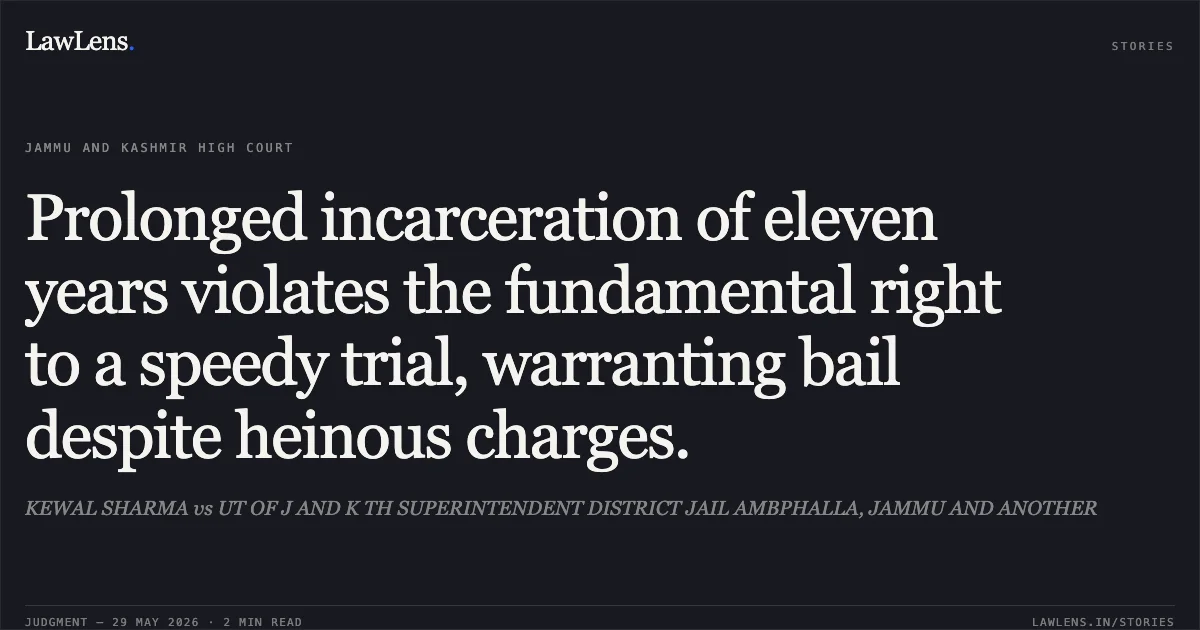 Prolonged incarceration of eleven years violates the fundamental right to a speedy trial, warranting bail despite heinous charges.. KEWAL SHARMA vs UT OF J AND K TH SUPERINTENDENT DISTRICT JAIL AMBPHALLA, JAMMU AND ANOTHER. Jammu and Kashmir High Court. LawLens