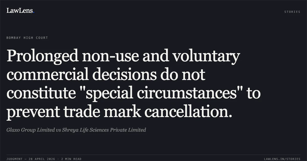 Prolonged non-use and voluntary commercial decisions do not constitute "special circumstances" to prevent trade mark cancellation.. Glaxo Group Limited vs Shreya Life Sciences Private Limited. Bombay High Court. LawLens