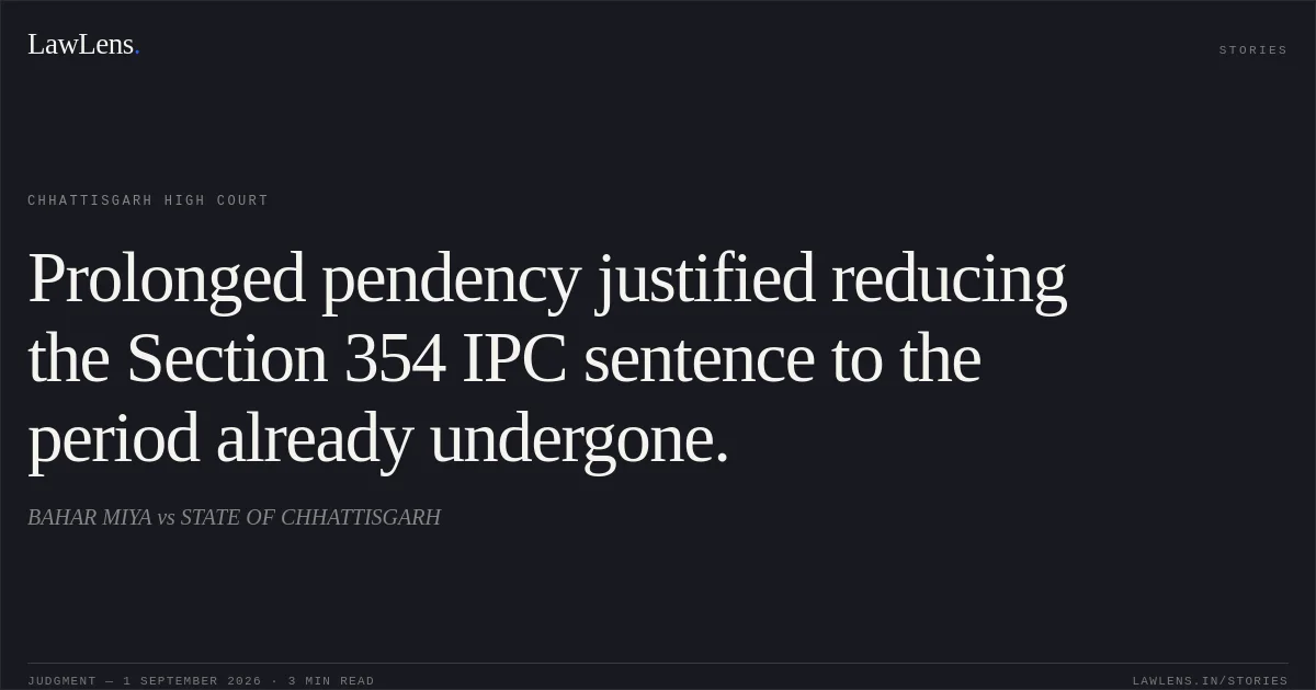 Prolonged pendency justified reducing the Section 354 IPC sentence to the period already undergone.. BAHAR MIYA vs STATE OF CHHATTISGARH. Chhattisgarh High Court. LawLens