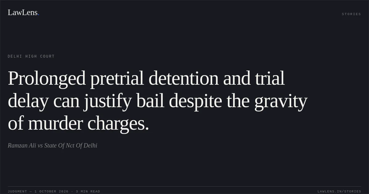 Prolonged pretrial detention and trial delay can justify bail despite the gravity of murder charges.. Ramzan Ali vs State Of Nct Of Delhi. Delhi High Court. LawLens