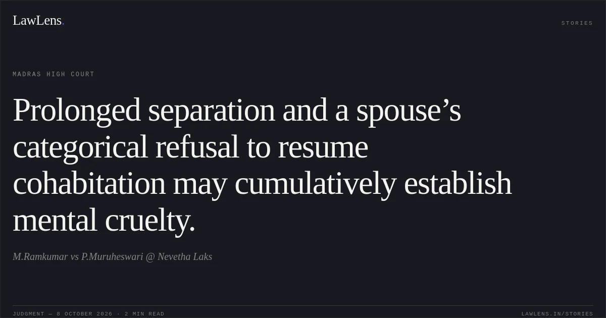 Prolonged separation and a spouse’s categorical refusal to resume cohabitation may cumulatively establish mental cruelty.. M.Ramkumar vs P.Muruheswari @ Nevetha Laks. Madras High Court. LawLens