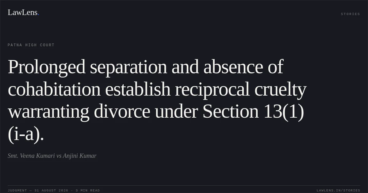 Prolonged separation and absence of cohabitation establish reciprocal cruelty warranting divorce under Section 13(1)(i-a).. Smt. Veena Kumari vs Anjini Kumar. Patna High Court. LawLens