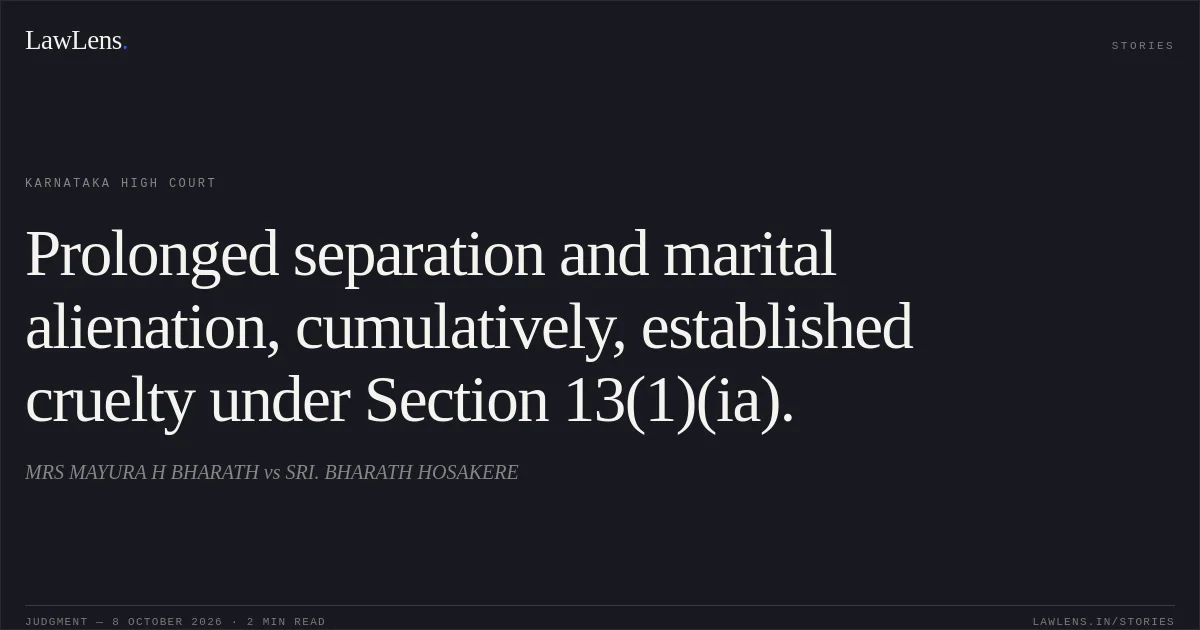 Prolonged separation and marital alienation, cumulatively, established cruelty under Section 13(1)(ia).. MRS MAYURA H BHARATH vs SRI. BHARATH HOSAKERE. Karnataka High Court. LawLens