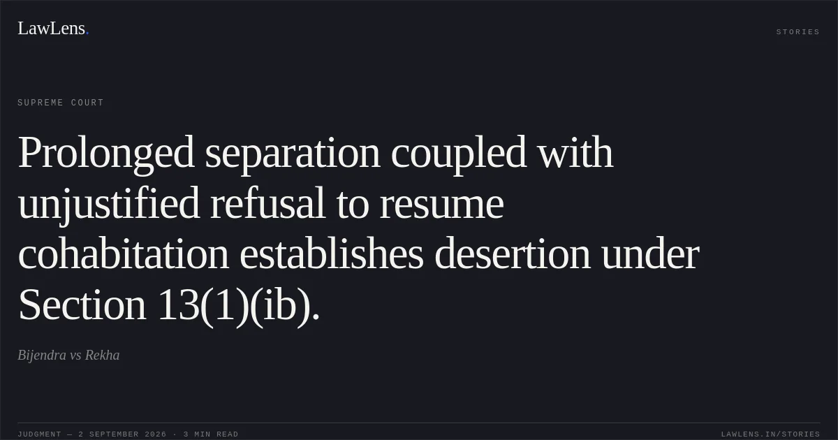 Prolonged separation coupled with unjustified refusal to resume cohabitation establishes desertion under Section 13(1)(ib).. Bijendra vs Rekha. Supreme Court. LawLens