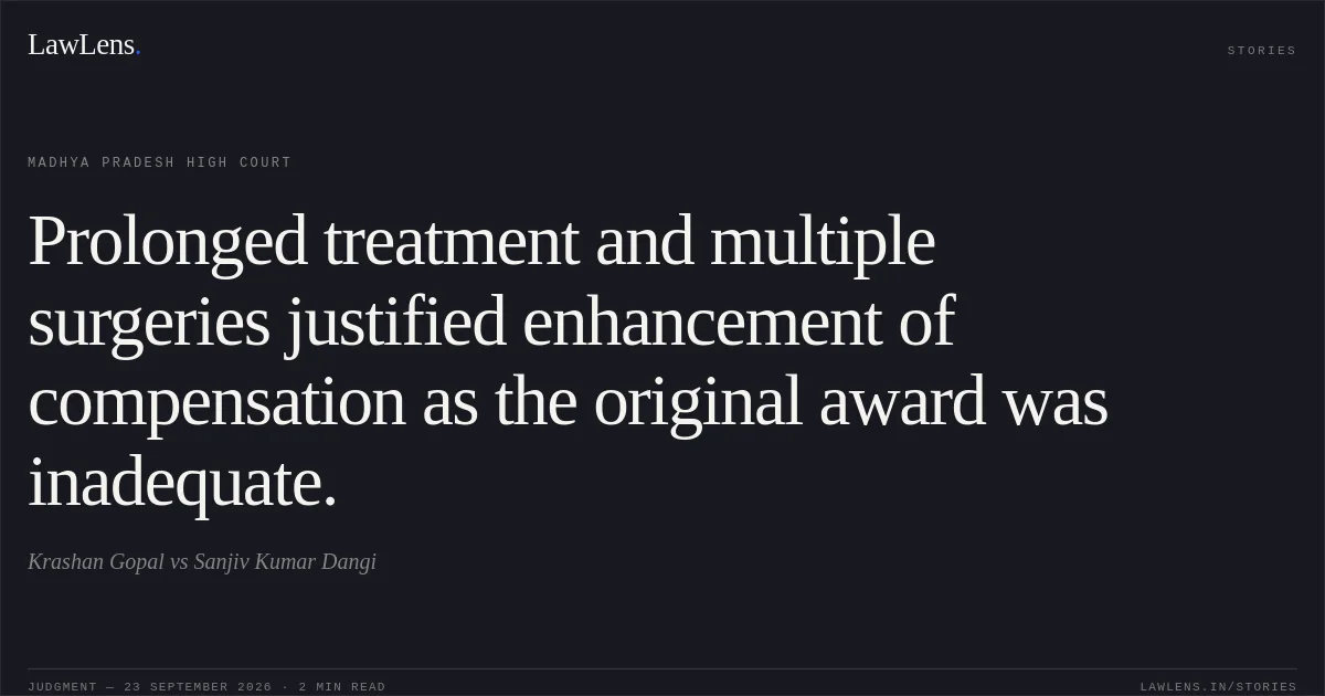 Prolonged treatment and multiple surgeries justified enhancement of compensation as the original award was inadequate.. Krashan Gopal vs Sanjiv Kumar Dangi. Madhya Pradesh High Court. LawLens