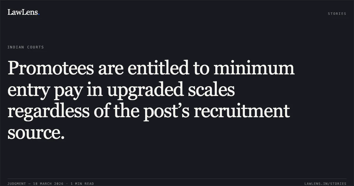Promotees are entitled to minimum entry pay in upgraded scales regardless of the post’s recruitment source.. S MURALI MOHAN vs DEPTT OF POSTS. Central Administrative Tribunal. LawLens