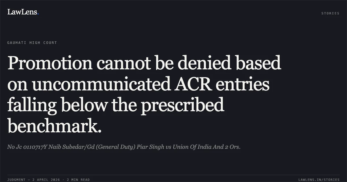 Promotion cannot be denied based on uncommunicated ACR entries falling below the prescribed benchmark.. No Jc 0110717Y Naib Subedar/Gd (General Duty) Piar Singh vs Union Of India And 2 Ors.. Gauhati High Court. LawLens