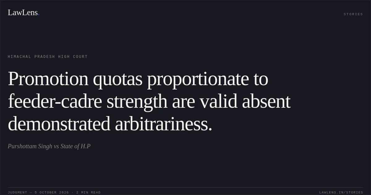 Promotion quotas proportionate to feeder-cadre strength are valid absent demonstrated arbitrariness.. Purshottam Singh vs State of H.P. Himachal Pradesh High Court. LawLens