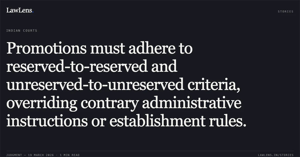 Promotions must adhere to reserved-to-reserved and unreserved-to-unreserved criteria, overriding contrary administrative instructions or establishment rules.. SANJAY KUMAR vs M/o Railways. Central Administrative Tribunal. LawLens