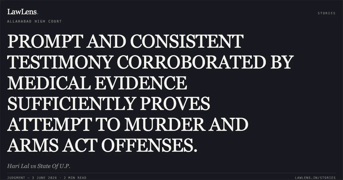 PROMPT AND CONSISTENT TESTIMONY CORROBORATED BY MEDICAL EVIDENCE SUFFICIENTLY PROVES ATTEMPT TO MURDER AND ARMS ACT OFFENSES.. Hari Lal vs State Of U.P.. Allahabad High Court. LawLens
