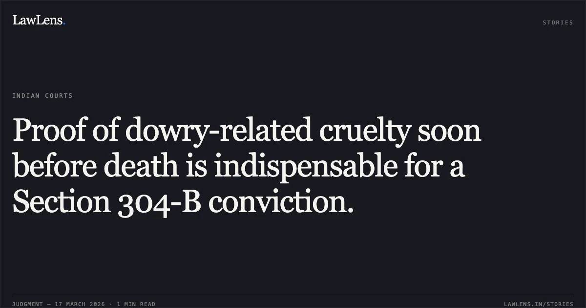 Proof of dowry-related cruelty soon before death is indispensable for a Section 304-B conviction.. STATE OF CHHATTISGARH vs JAGDEEP JAIKI LONIA. Chhattisgarh High Court. LawLens