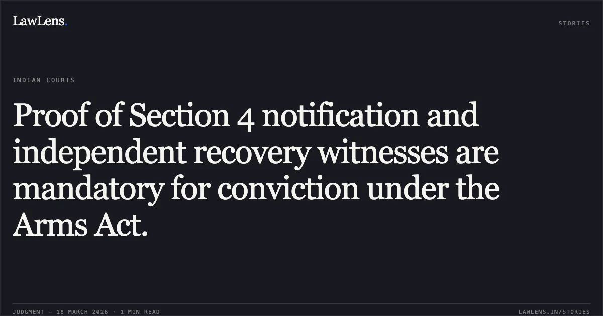 Proof of Section 4 notification and independent recovery witnesses are mandatory for conviction under the Arms Act.. Lallan Singh(Out Jail) vs State Of Chhattisgarh. Chhattisgarh High Court. LawLens