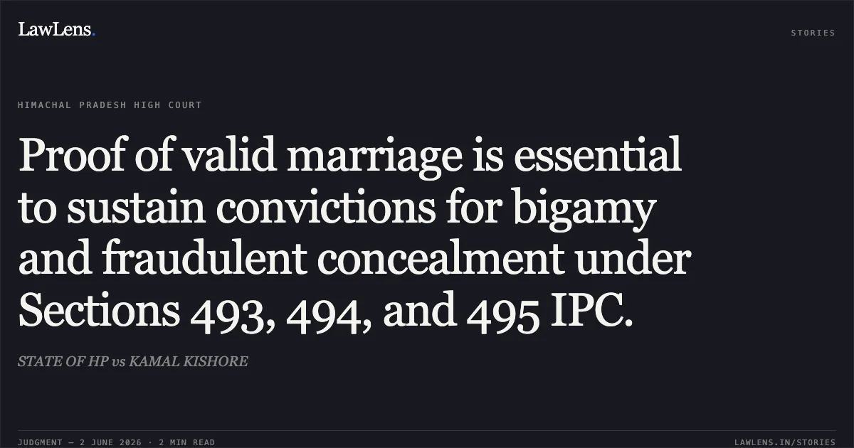 Proof of valid marriage is essential to sustain convictions for bigamy and fraudulent concealment under Sections 493, 494, and 495 IPC.. STATE OF HP vs KAMAL KISHORE. High Court of Himachal Pradesh. LawLens