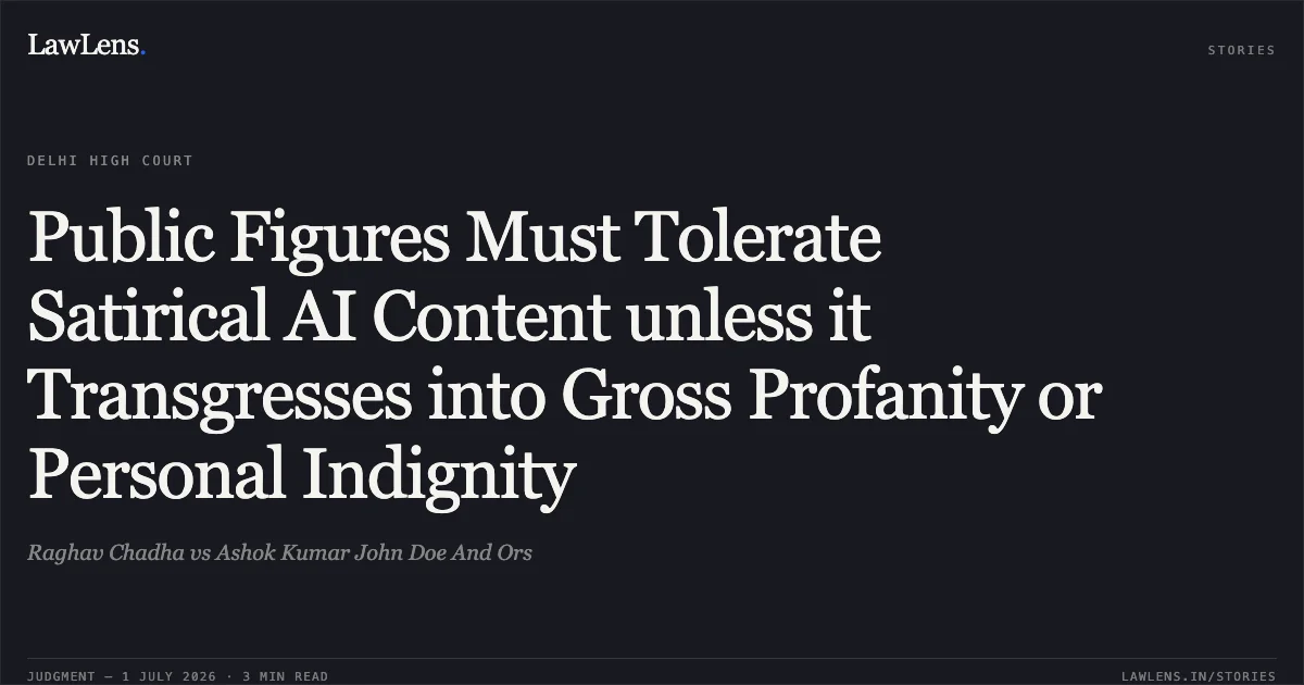 Public Figures Must Tolerate Satirical AI Content unless it Transgresses into Gross Profanity or Personal Indignity. Raghav Chadha vs Ashok Kumar John Doe And Ors. Delhi High Court. LawLens