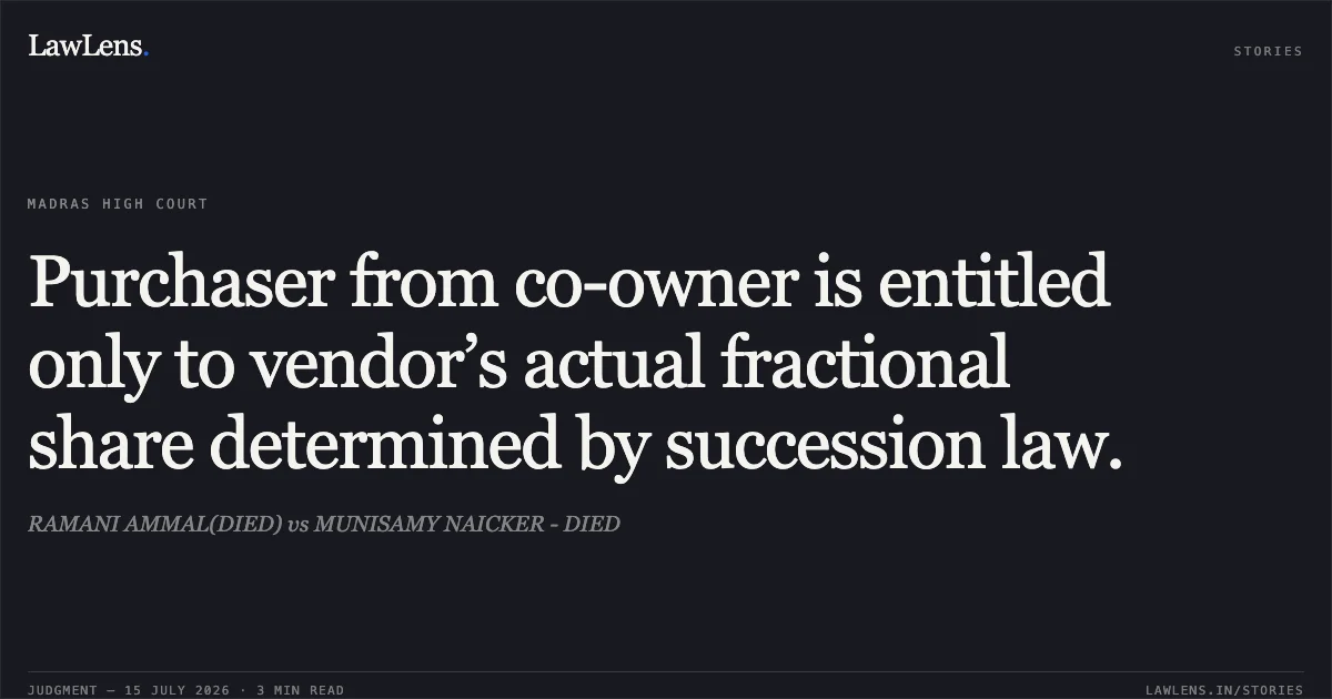 Purchaser from co-owner is entitled only to vendor’s actual fractional share determined by succession law.. RAMANI AMMAL(DIED) vs MUNISAMY NAICKER - DIED. Madras High Court. LawLens
