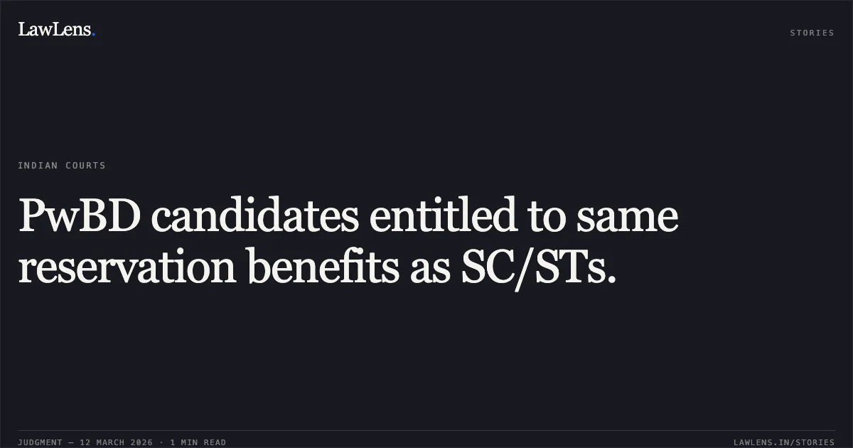 PwBD candidates entitled to same reservation benefits as SC/STs.. Anant Kumar v. The Union of India, O.A. No. 350/1416/2023. Central Administrative Tribunal. LawLens