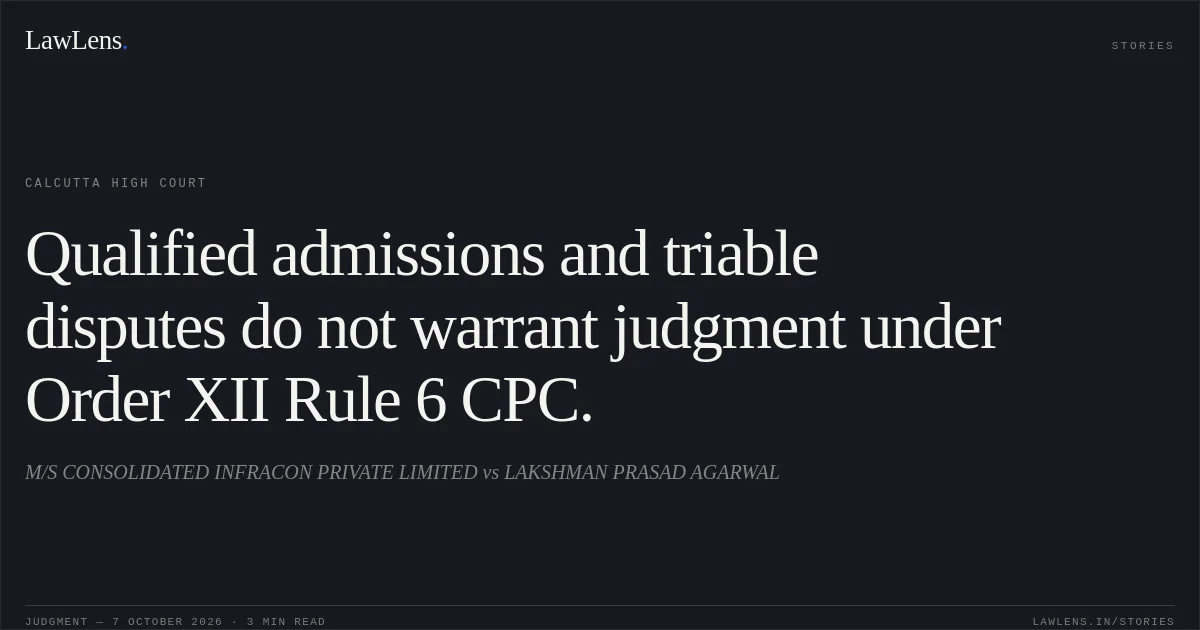 Qualified admissions and triable disputes do not warrant judgment under Order XII Rule 6 CPC.. M/S CONSOLIDATED INFRACON PRIVATE LIMITED vs LAKSHMAN PRASAD AGARWAL. Calcutta High Court. LawLens